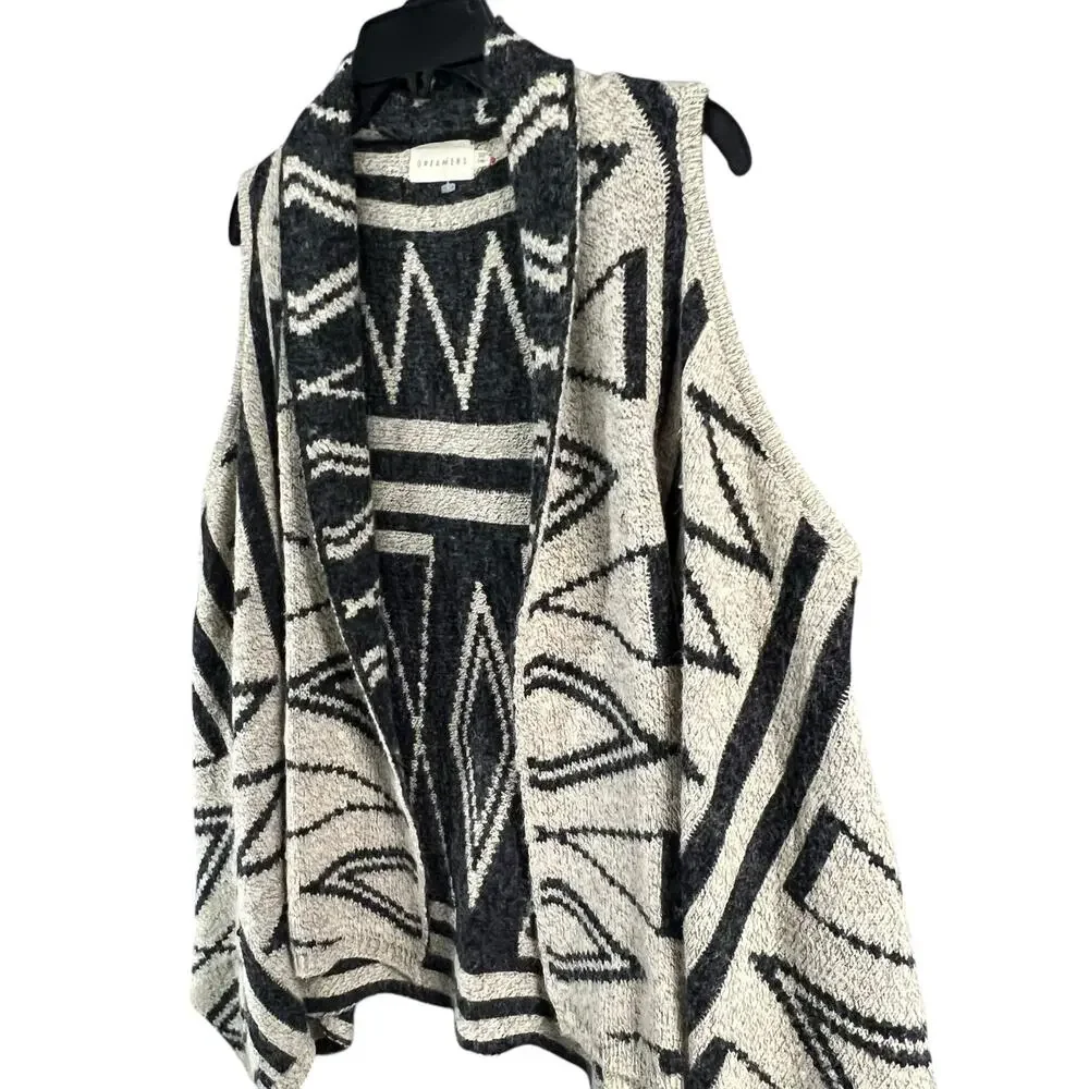 Dreamers Sweater‎ Vest Womens S-M Beige Black Open Aztec Tribal Boho Festival